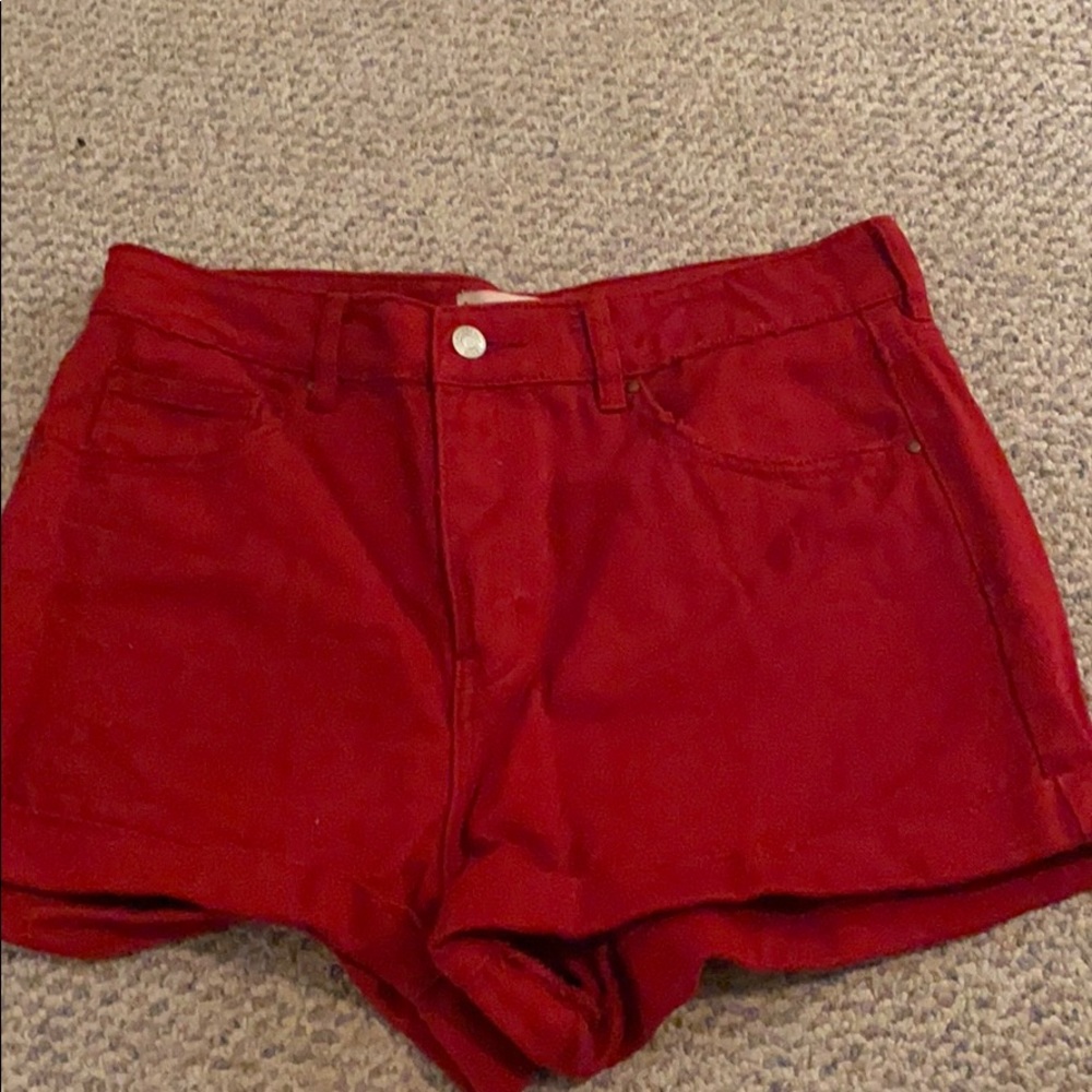 Red denim shorts